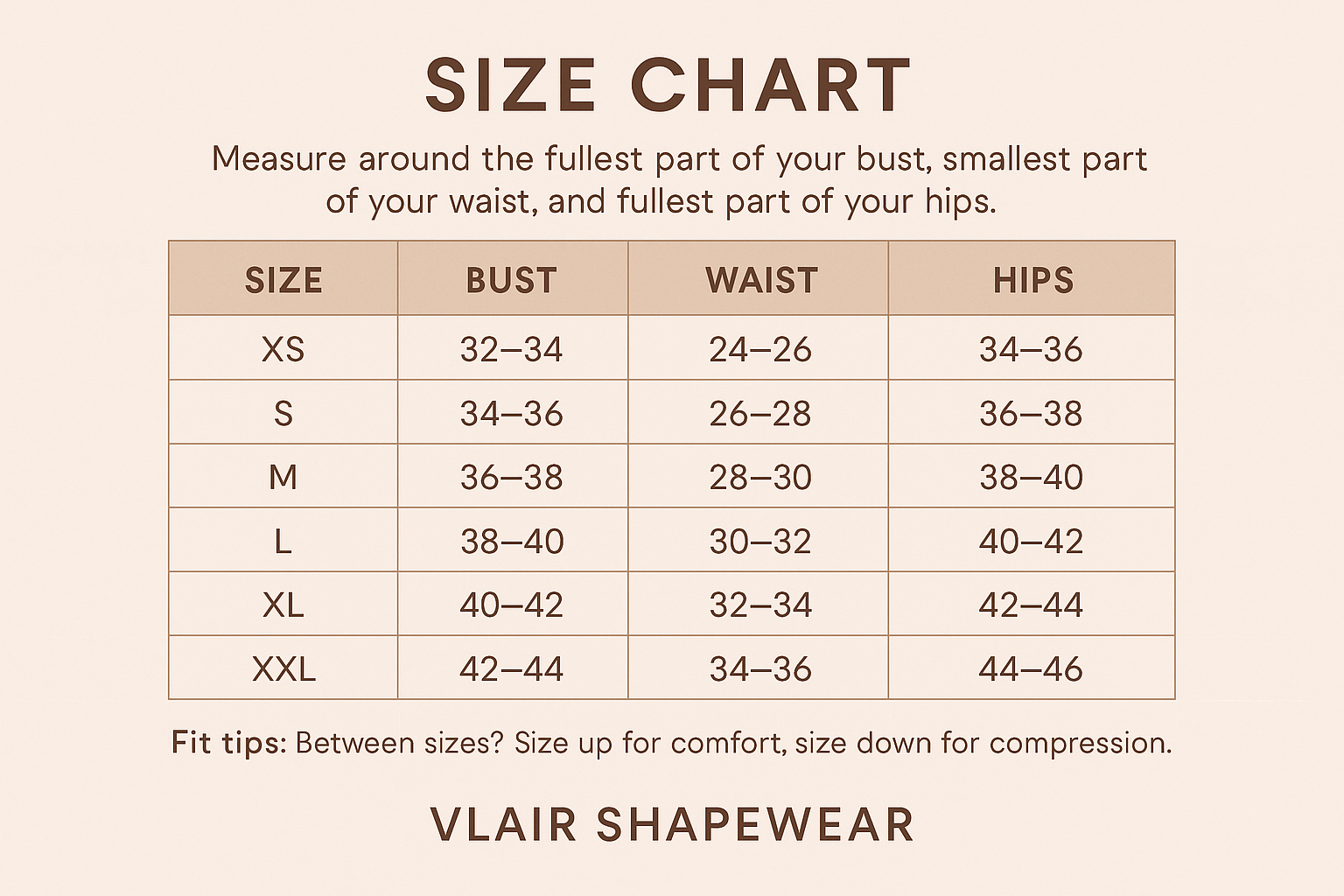 Size Chart for VLAIR Shapewear